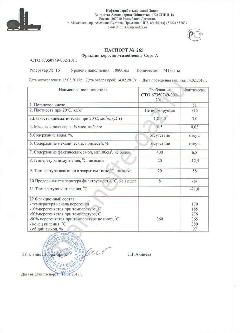 Керосинно газойлевая фракция, НПЗ Каспий 1 | Паспорта и сертификаты